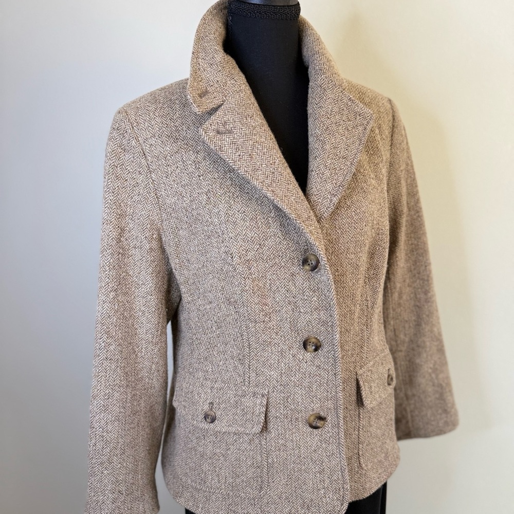 L.L. Bean Herringbone Tweed Blazer Gray Tan Wool Petite Medium Classic - Picture 13 of 14